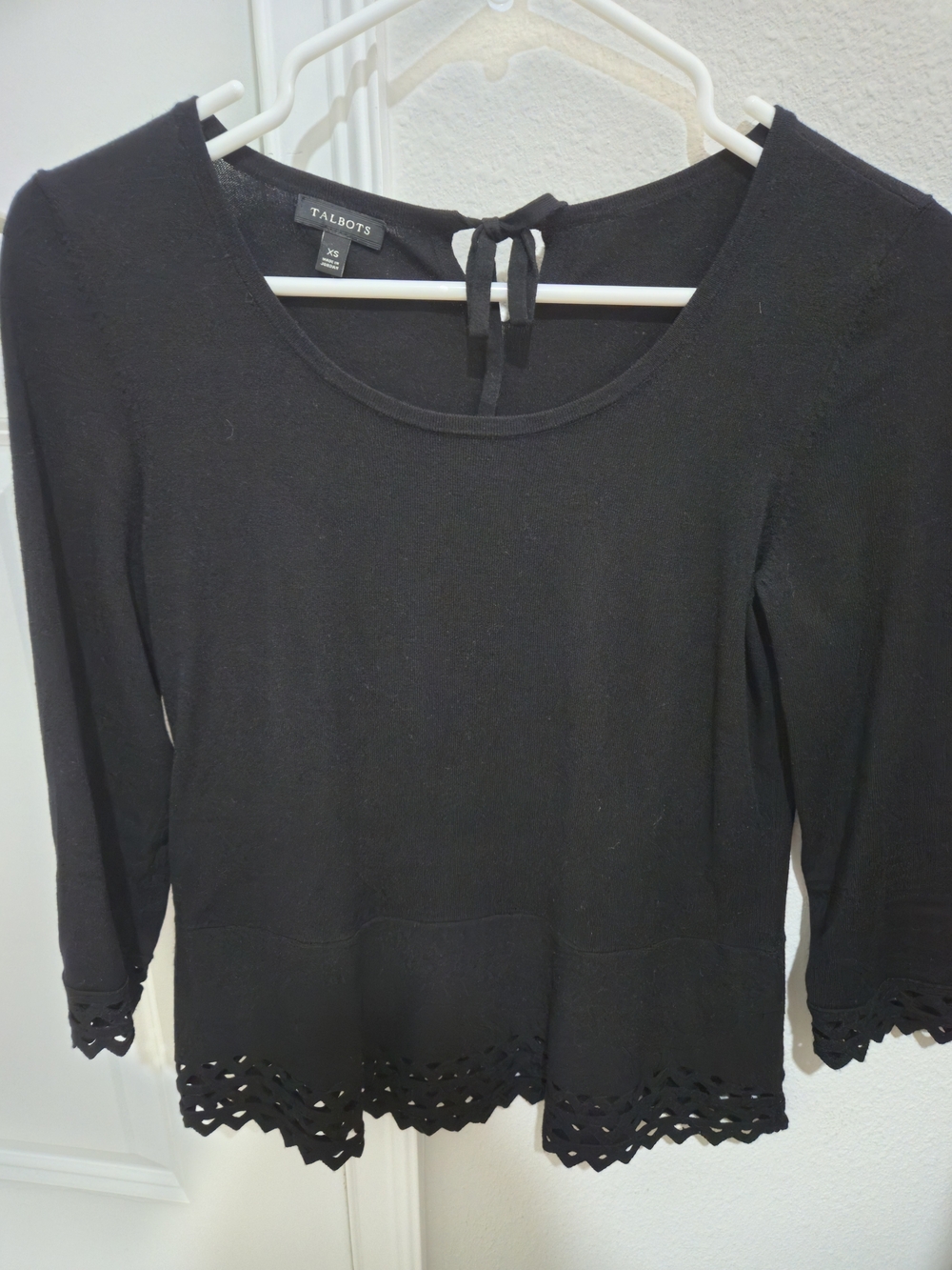 Talbots Black Long Sleeve Knit Top with Tie-Back and Laser-Cut Trim